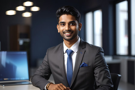 Young indian businessman sitting at desk in office, looking at cameraの素材