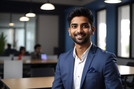 Portrait of handsome Indian businessman sitting at table in office and smilingの素材