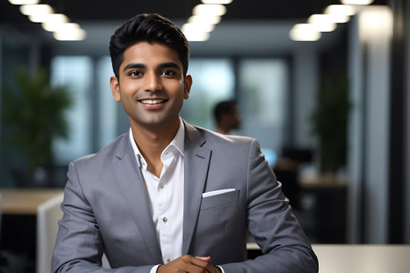 Portrait of young Indian businessman sitting at desk in office, looking at cameraの素材