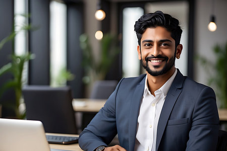 smiling indian businessman in suit sitting at table with laptop in officeの素材