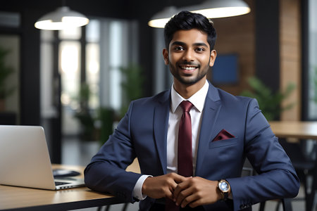 Portrait of young indian businessman sitting at desk in office.の素材