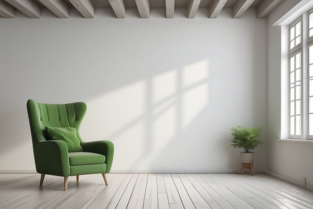 green armchair in modern living room with green wall and plant - renderingの素材