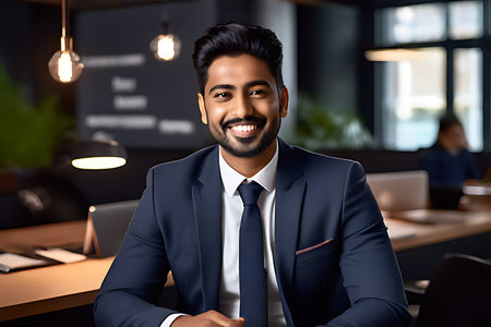 smiling indian businessman in suit sitting at table in coffee shopの素材