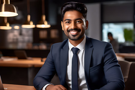 portrait of smiling indian businessman in suit sitting at table in officeの素材