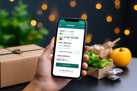 female hand holding smart phone with online food delivery app on screen.の素材