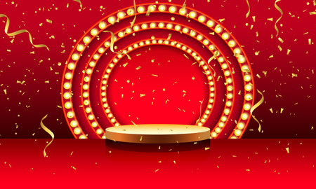 Podium round stage with lighting, Stage Podium Scene for Award Ceremony on red Background. Vector illustrationのイラスト素材