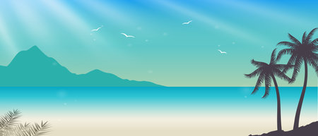 Beach with palm trees and seagulls. Vector illustration.のイラスト素材