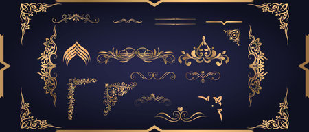 Vector set of calligraphic design elements and page decoration in gold colorのイラスト素材