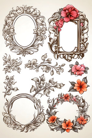 Set of vintage frames with flowers and leaves. Hand drawn vector illustration.の素材