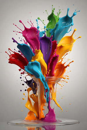 Colored paint splashes isolated on grey background. 3d renderingの素材