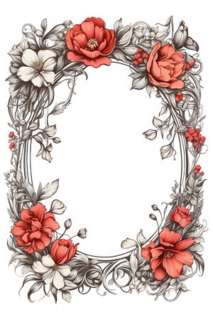 Vintage floral frame with roses and leaves. Hand drawn vector illustration.の素材