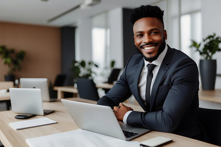 smiling african american businessman with laptop at workplace in officeの素材