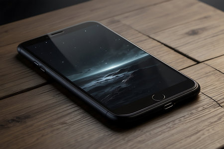 Smartphone with broken screen on a wooden table, close-upの素材