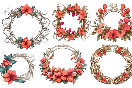 Set of vintage frames with red flowers and leaves. Vector illustration.の素材