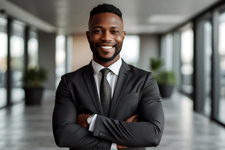 Confident african american businessman standing with crossed arms in officeの素材