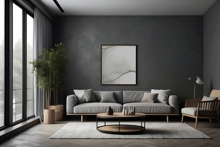 Interior of modern living room with gray walls, wooden floor, comfortable gray sofa and round coffee table. 3d renderingの素材