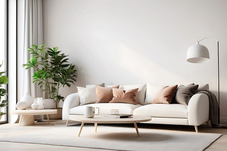 interior modern bright room with white sofa 3D rendering illustration mockupの素材