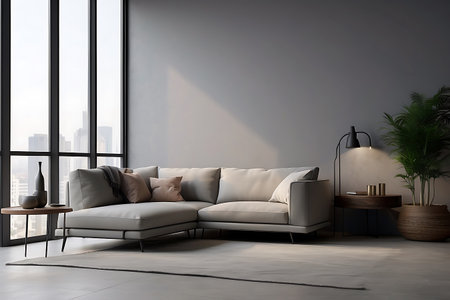 Modern living room interior with white sofa, coffee table and city view. 3D Renderingの素材