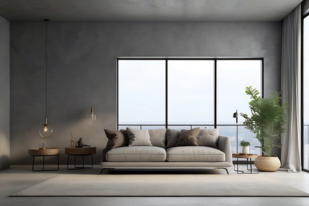 Interior of modern living room with gray walls, concrete floor, comfortable gray sofa and coffee table. 3d renderingの素材