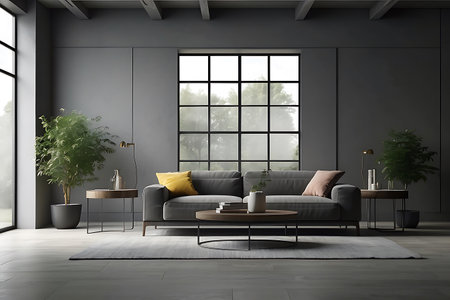 Interior of modern living room with gray walls, concrete floor, comfortable gray sofa and coffee table. 3d renderingの素材