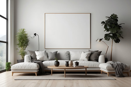 Modern living room interior with white sofa, coffee table and poster. 3d renderの素材