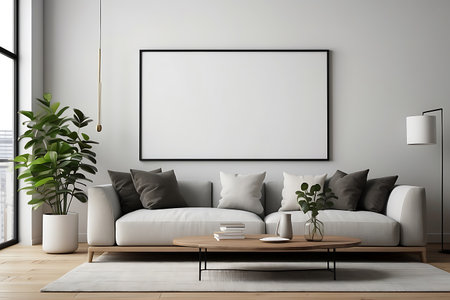 Interior of modern living room with white walls, wooden floor, comfortable white sofa standing near coffee table and vertical mock up poster frame. 3d renderingの素材