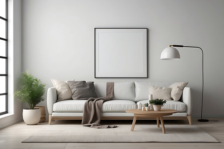 Interior of modern living room with white walls, wooden floor, comfortable white sofa, coffee table and horizontal mock up poster frame. 3d renderingの素材