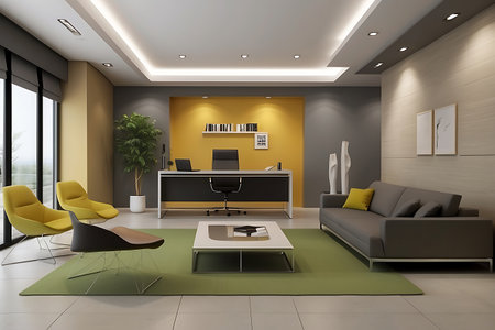 Interior of modern office with yellow and gray walls, tiled floor, comfortable sofa and armchairs. 3d renderの素材