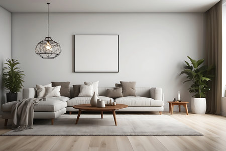 Modern living room interior with white sofa, coffee table and blank poster. Mock up, 3D Renderingの素材