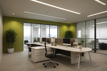 Interior of modern open space office with green walls, wooden floor and rows of computer tables. 3d renderingの素材