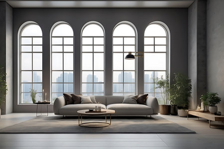 Interior of modern living room with gray walls, concrete floor, gray sofa and round coffee table. 3d renderingの素材