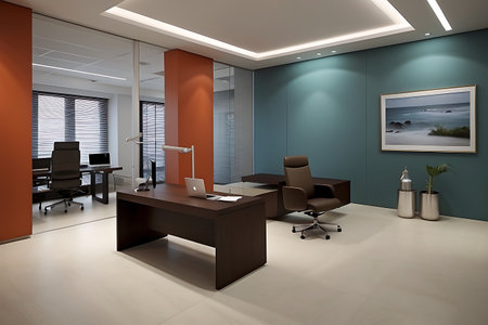 3d render of modern office interior design. Workplace and equipmentの素材
