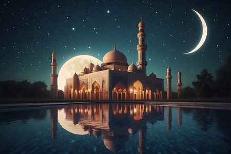 Illustration of a mosque at night with a full moon and starsの素材