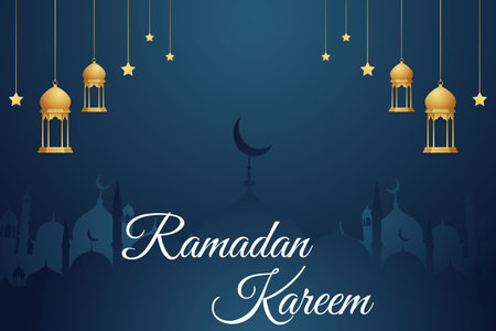 Ramadan Kareem greeting card with golden lanterns and crescent moonのイラスト素材