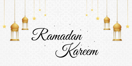 Ramadan Kareem greeting card with golden lanterns. Vector Illustrationのイラスト素材