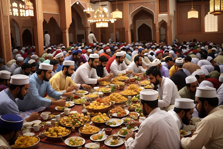 Group of Muslim people having a meal during Ramadan Kareem at the mosqueの素材