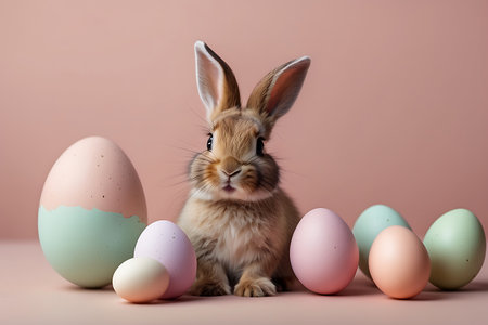 Cute little bunny and easter eggs on a pink background.の素材