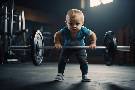 Little boy lifting a barbell in a gym. Sport and healthy lifestyle.の素材