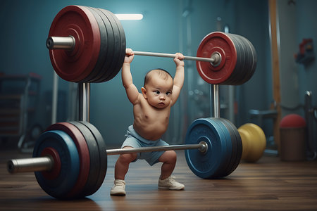 Little baby boy lifting a barbell at the gym. Sport and fitness concept.の素材