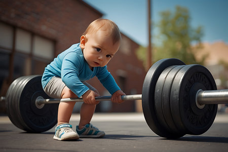 Little baby boy lifting a barbell at the playground. Sport conceptの素材