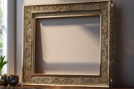 Golden picture frame on the wall. 3d rendering mock up.の素材