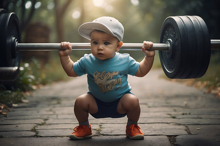 Little boy lifting a barbell in the park. Sport concept.の素材