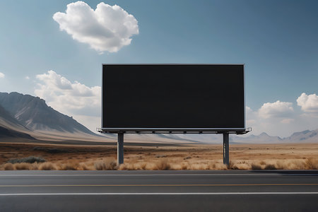 Blank black billboard on highway with mountains in the background. 3D Renderingの素材