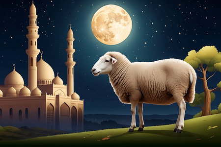 Sheep in front of mosque at night with full moon, illustrationの素材
