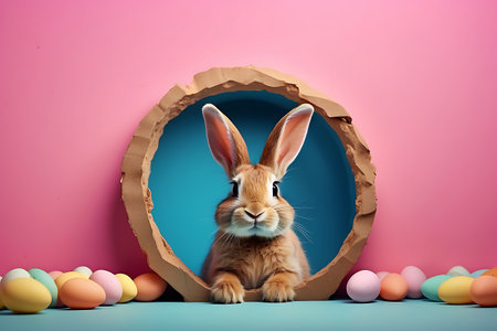 Happy easter concept. Cute red rabbit sitting in egg shell on blue background.の素材