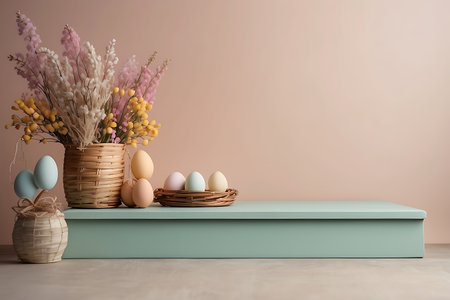 Easter eggs in a basket and flowers on a turquoise shelfの素材