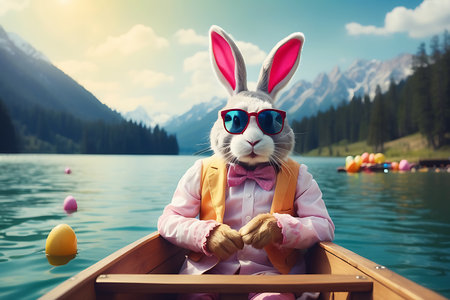 Funny rabbit with sunglasses and bow tie floating in boat on lakeの素材