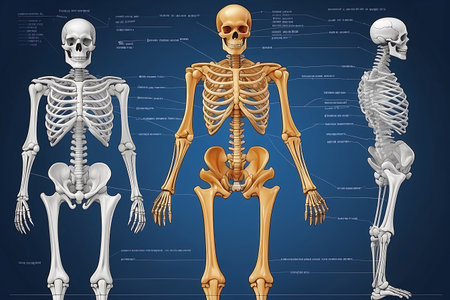 Human skeleton anatomy on a blue background. 3D illustration, 3D renderingの素材