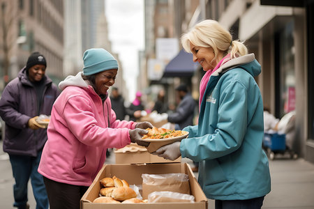 volunteers with food in boxes on street of new york cityの素材