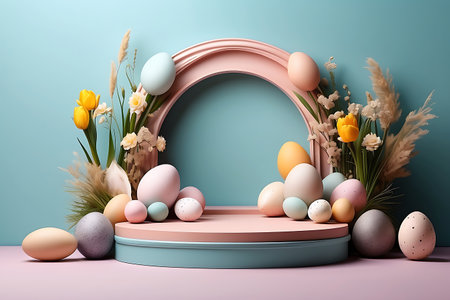 3d render of easter background with pastel color eggs and flowersの素材